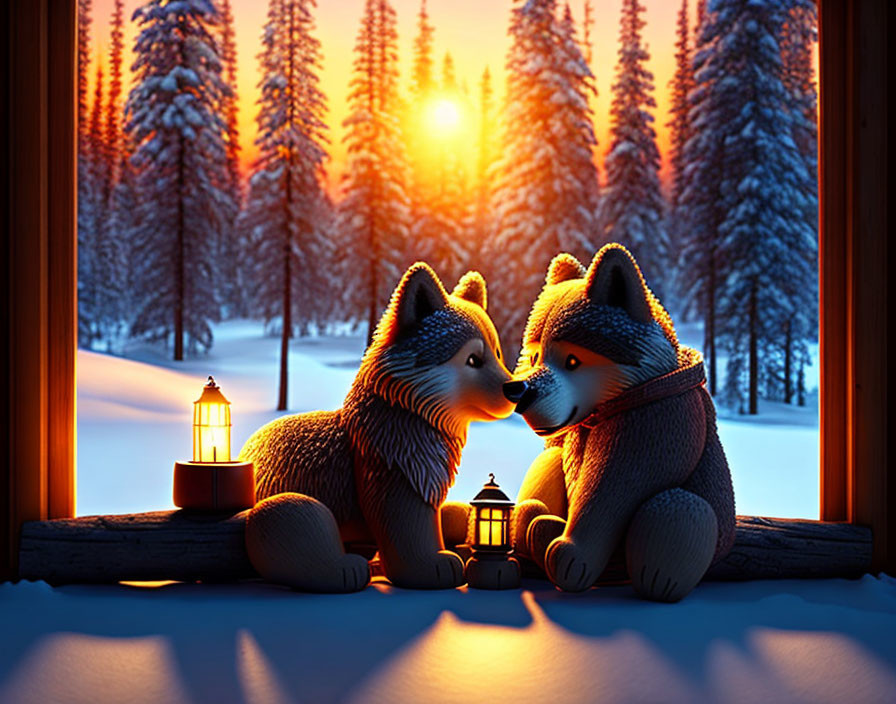 Wolf figurines at sunset with snowy trees and lanterns.