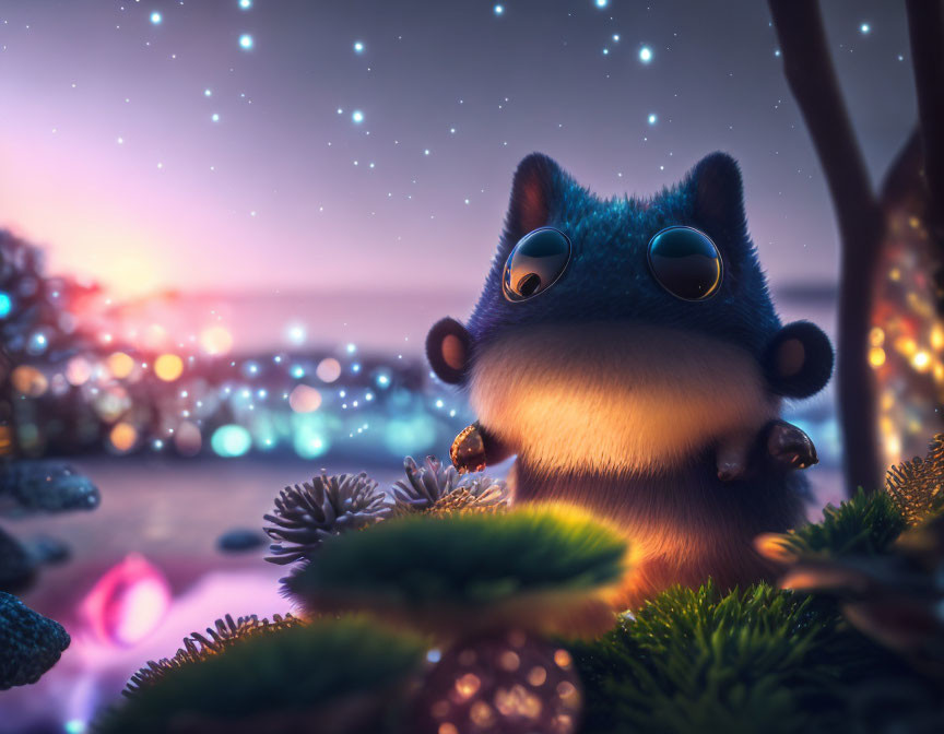 Whimsical digital art: Cute squirrel under starry sky