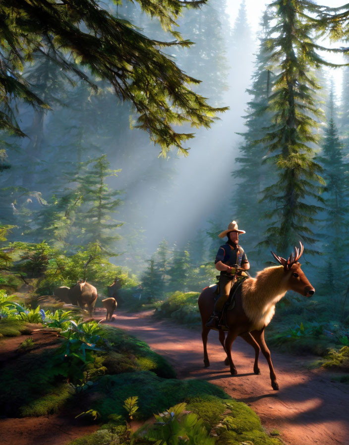 Person riding elk in misty forest with sunbeams and deer.