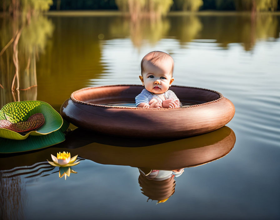 Infant in clay pot surrounded by water lily and greenery