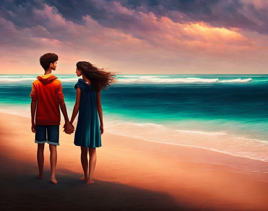 Romantic couple holding hands on beach at sunset