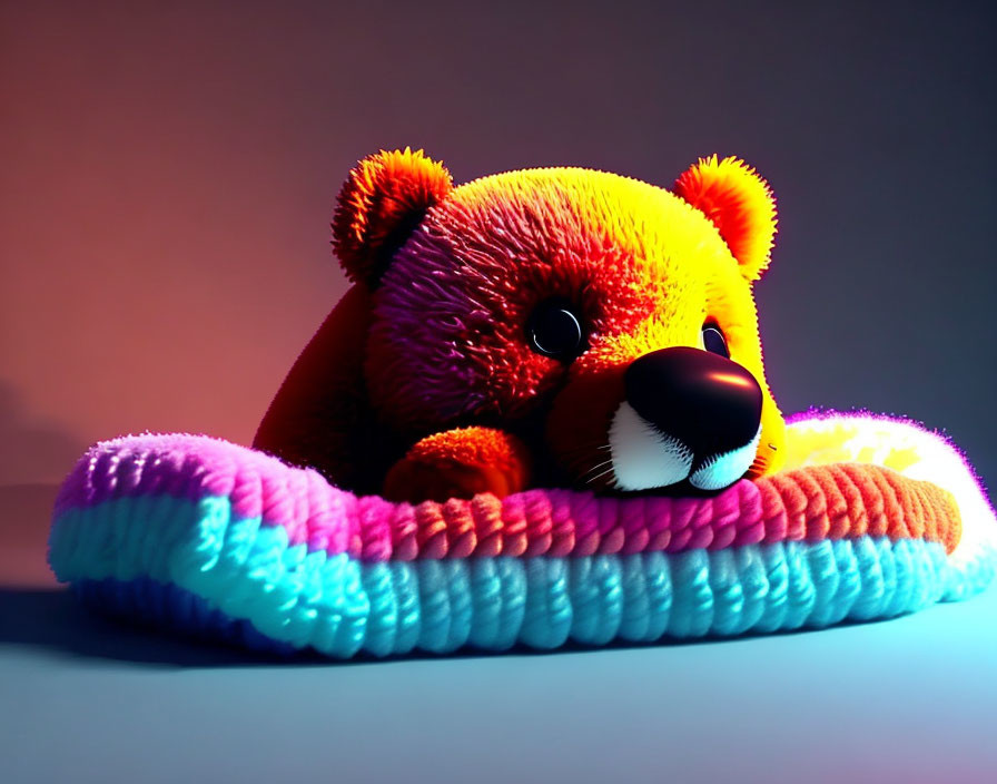 Colorful Plush Teddy Bear Toy in Knitted Ring on Blue-Purple Background