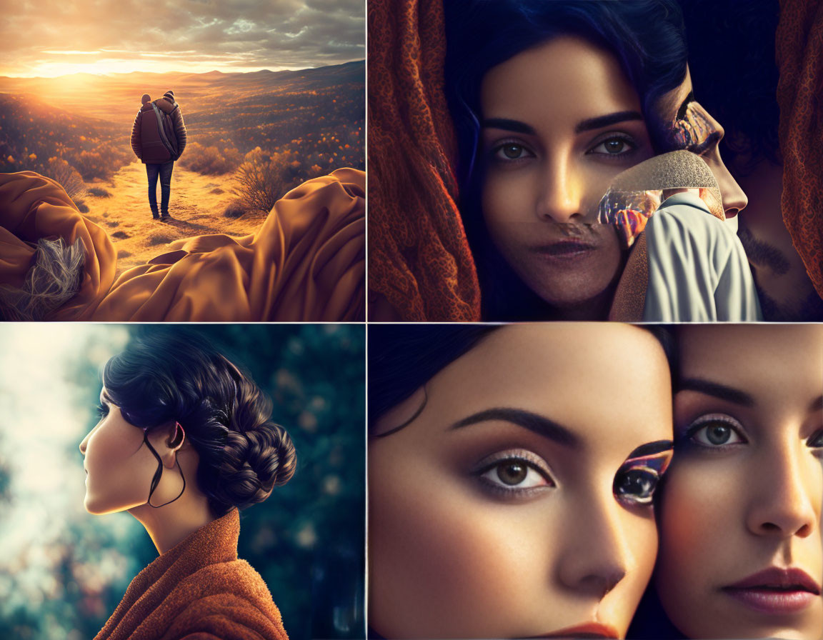 Four-image collage: person in sunset landscape, woman in orange fabric, detailed hairstyle profile, two women