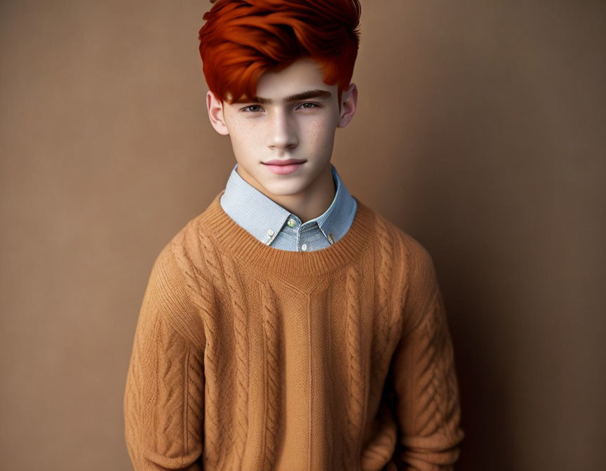 Vibrant red hair and mustard sweater on fair-skinned person