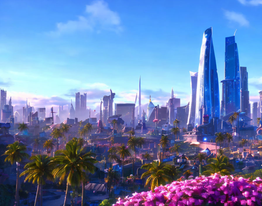 Futuristic cityscape with skyscrapers and pink flora under blue sky