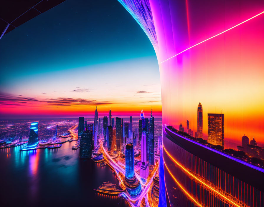 Colorful cityscape at dusk with neon lights and urban architecture.