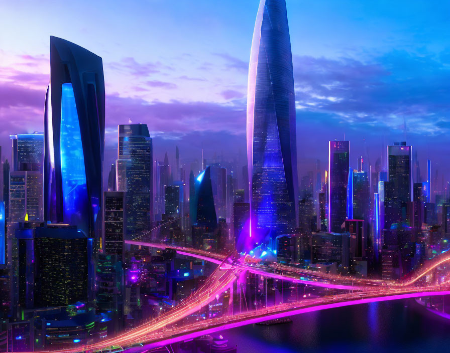 Neon-lit skyscrapers and sleek tower in futuristic cityscape at dusk