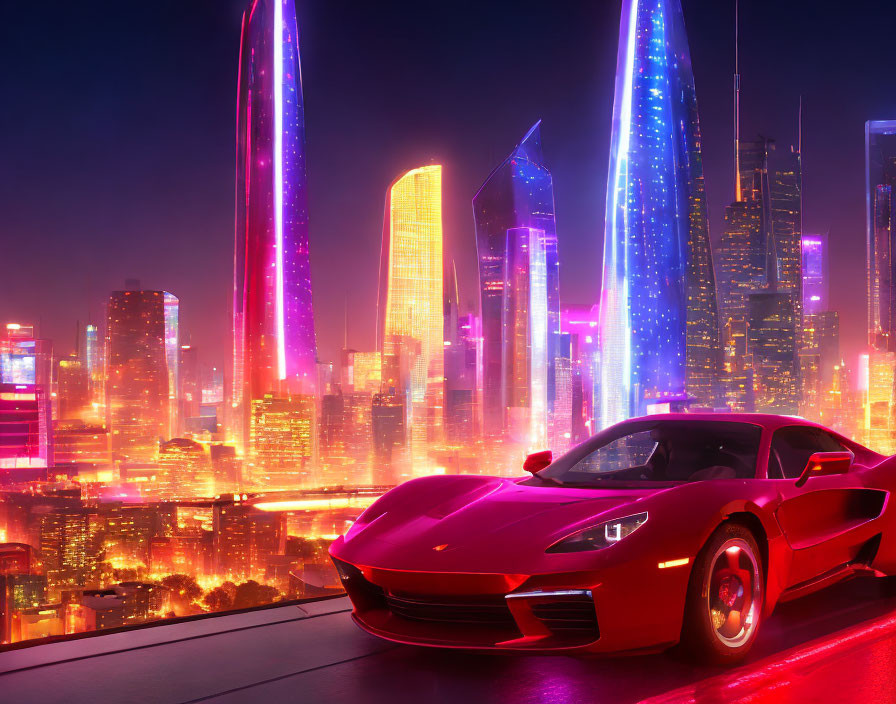 Red Sports Car Parked in Front of Neon-Lit Futuristic Cityscape