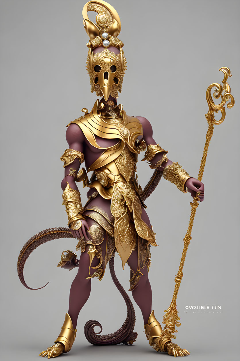 Golden-armored figure with mask and staff, ornate details and curled tail.