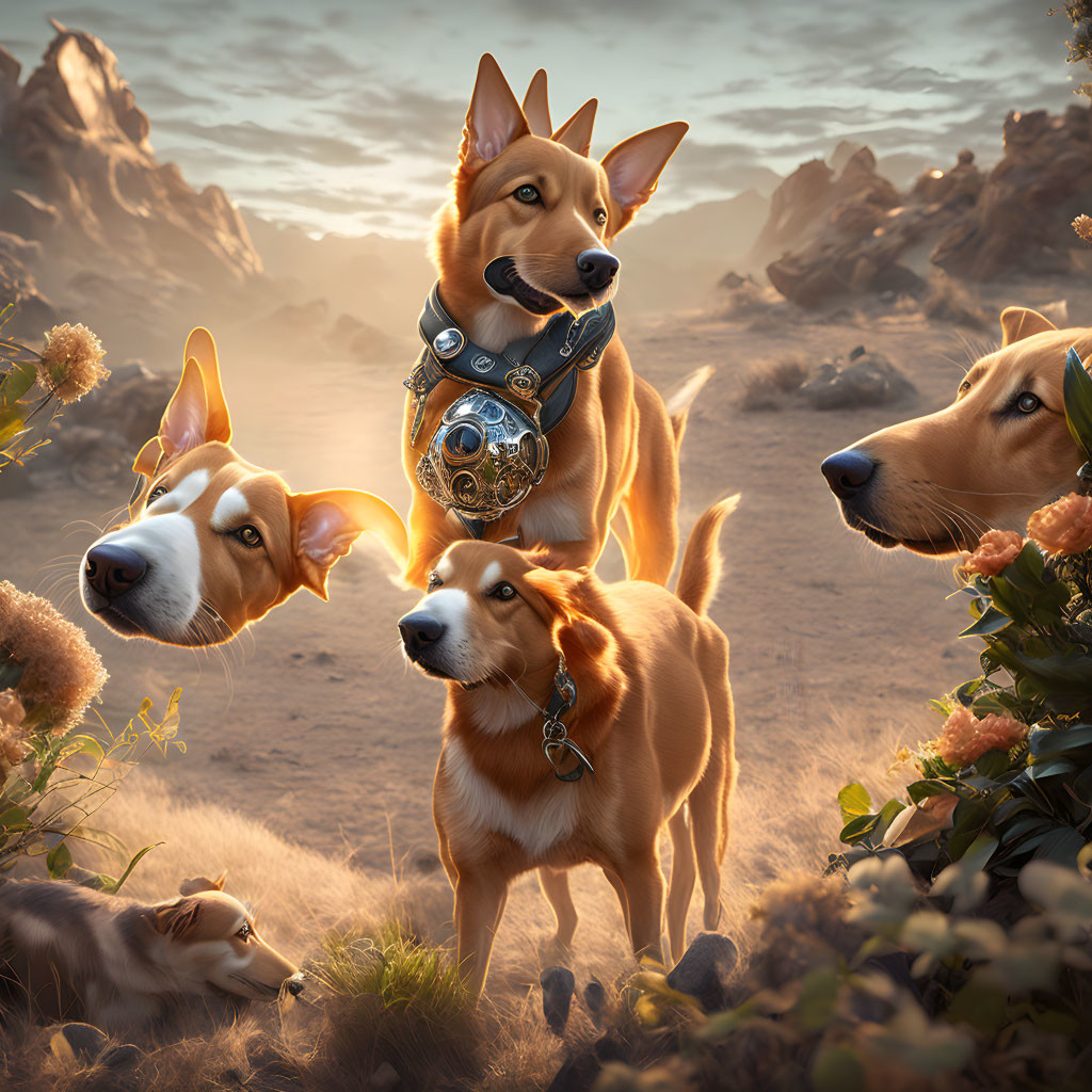 Fantasy Setting: Four Dogs in Armor, Sunset Landscape