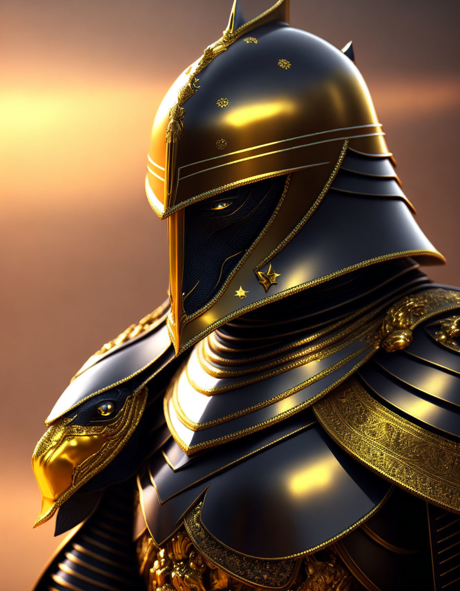 Detailed digital art: Warrior in golden-black armor with plumed helmet standing next to eagle