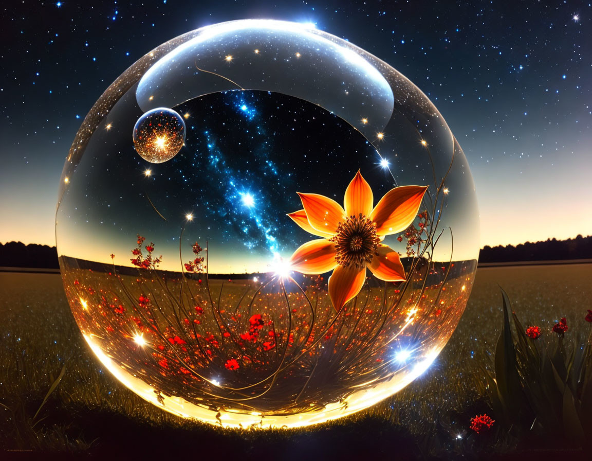 Colorful Digital Artwork: Transparent Sphere with Night Sky, Flower, and Spheres