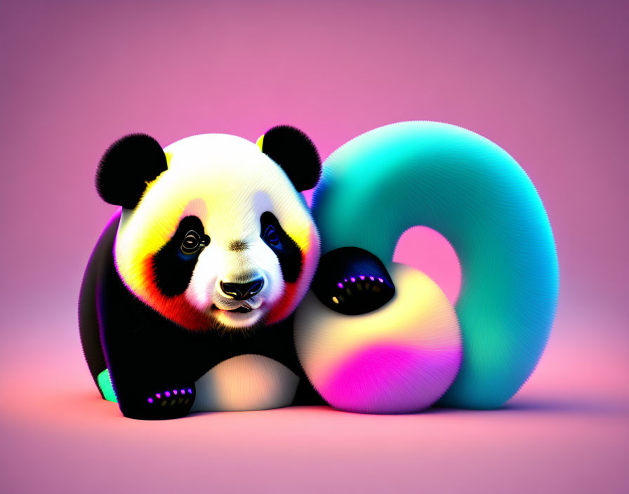 Vibrant 3D rendering: cute panda with neon torus on pink backdrop