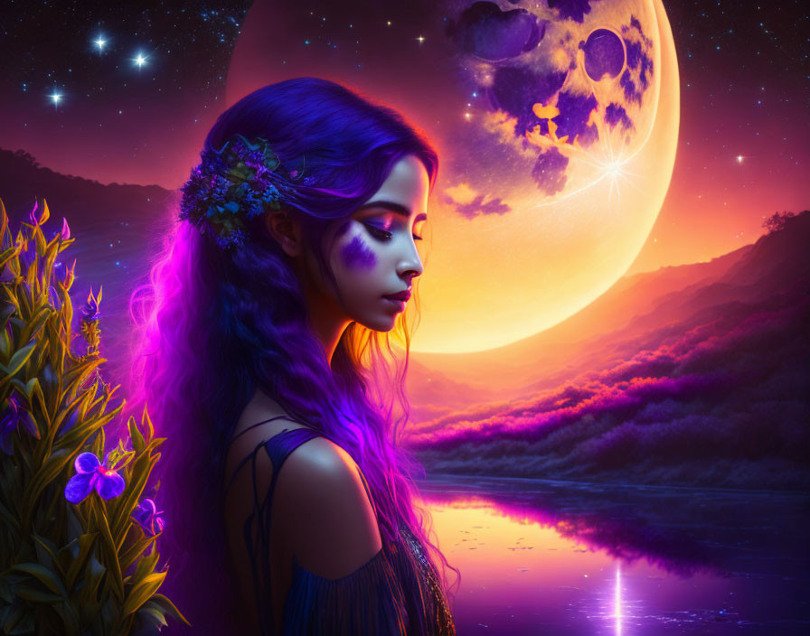 Purple-haired woman with floral adornments by serene lake under starry night sky