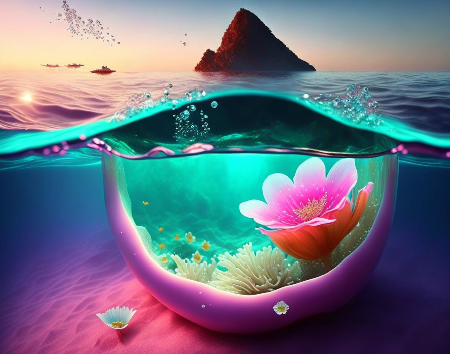 Vibrant underwater ecosystem in floating bubble with sunset ocean backdrop