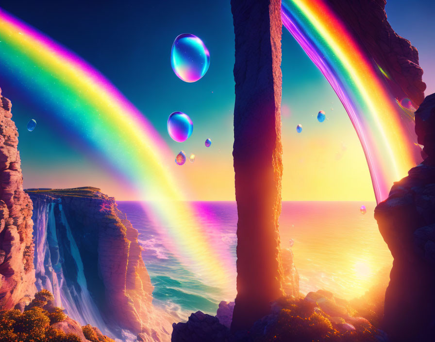 Surreal landscape with cliffs, sunset sky, rainbows, and floating bubbles