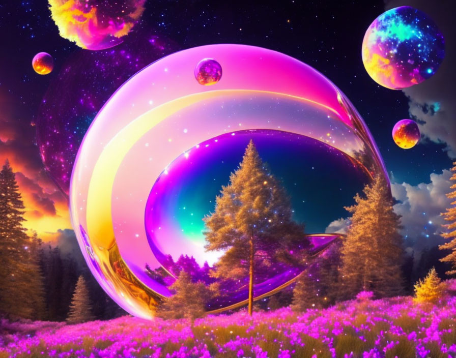 Digital artwork of twilight forest with purple flowers and colorful spheres