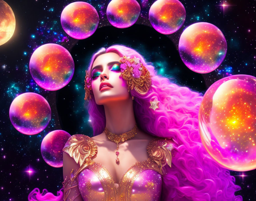 Vibrant pink-haired woman with gold accessories in galaxy-themed setting