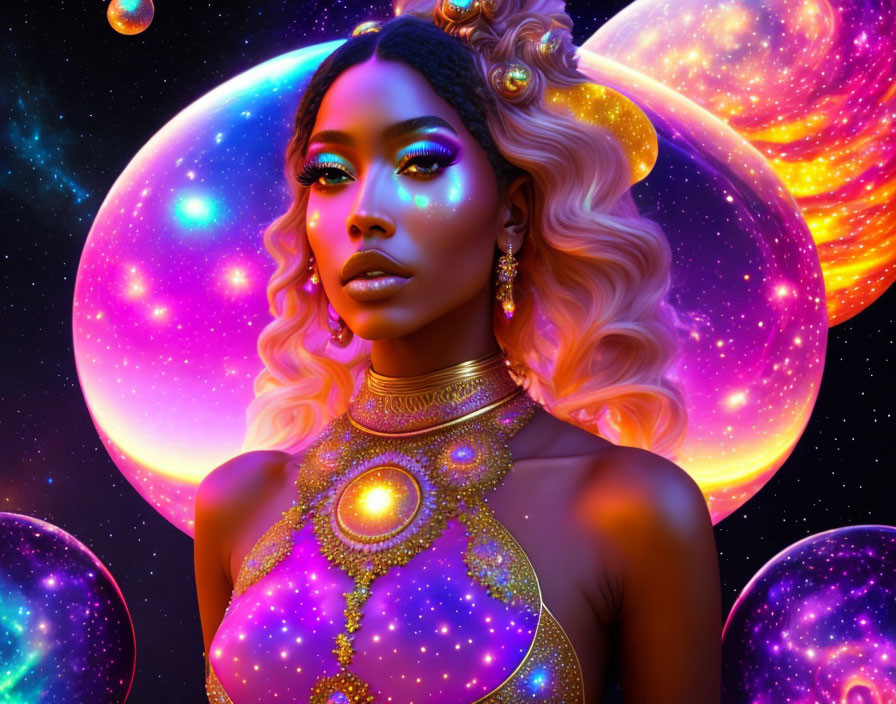 Digital artwork: Woman with galaxy-themed makeup and jewelry in vibrant planetary backdrop