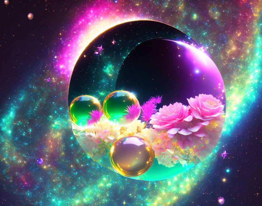 Colorful cosmic scene with black void, neon arc, spheres, and flowers.