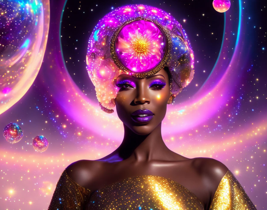 Colorful Cosmic-Themed Woman Portrait with Planets and Stars