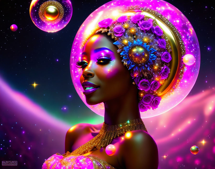 Colorful digital artwork of cosmic woman with floral headpiece in starry space.