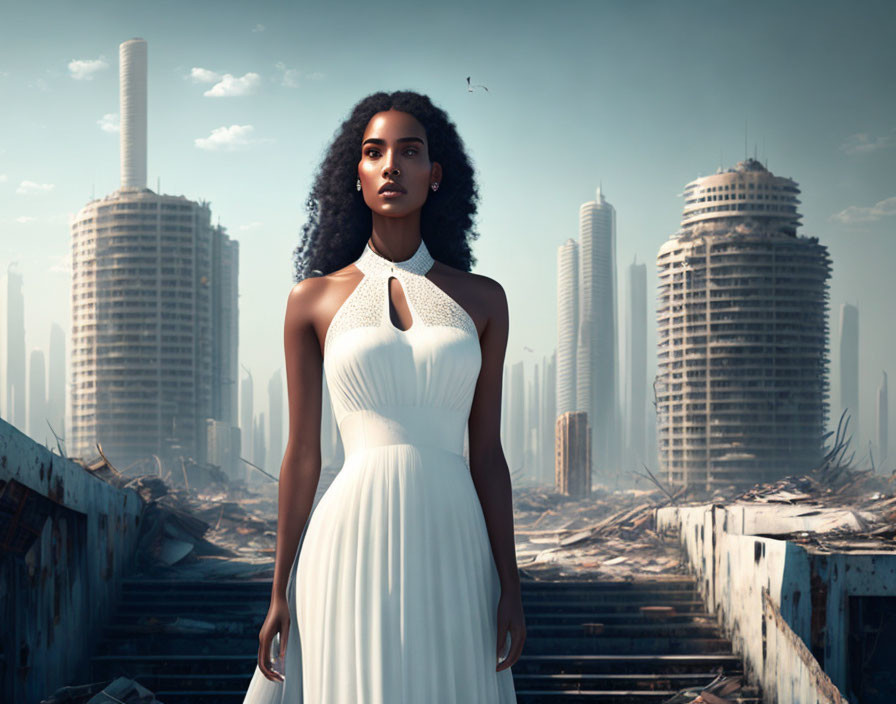 Woman in white dress in dystopian cityscape with birds and hazy sky