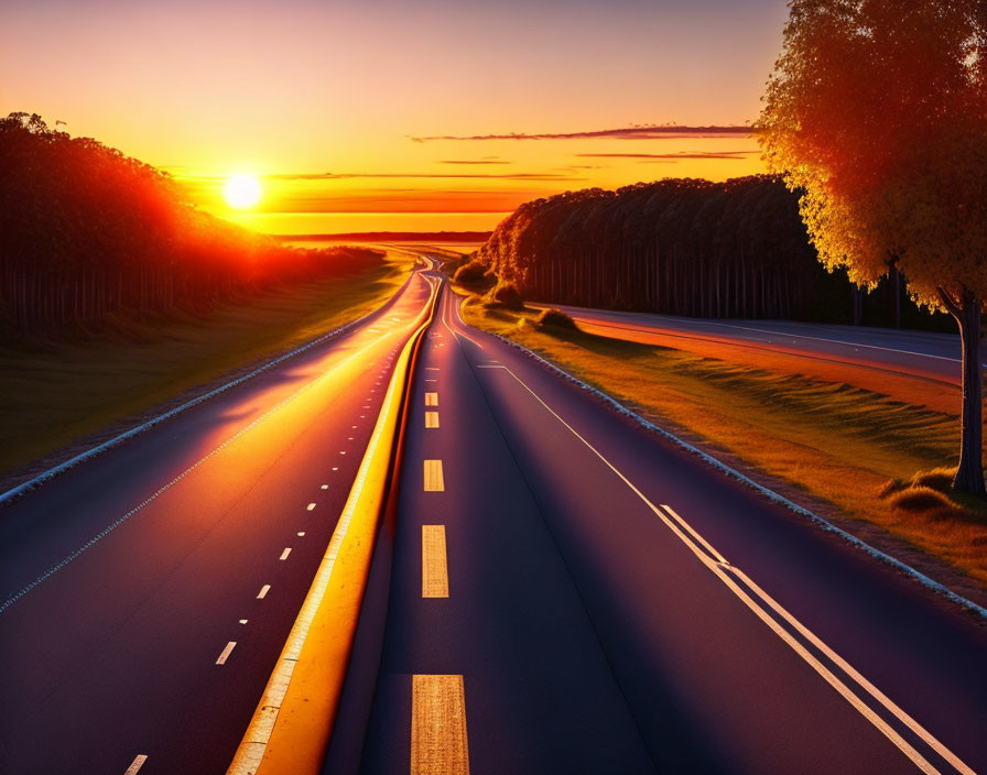 Scenic sunset view: straight highway, orange and purple sky, tree-lined shadows