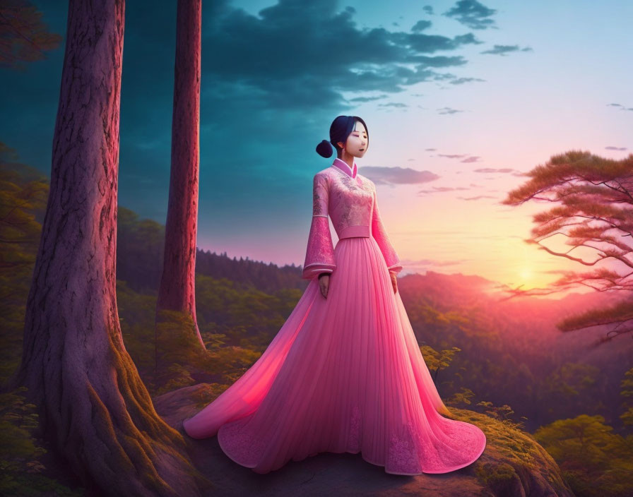 Woman in pink traditional dress on forested hill at sunset