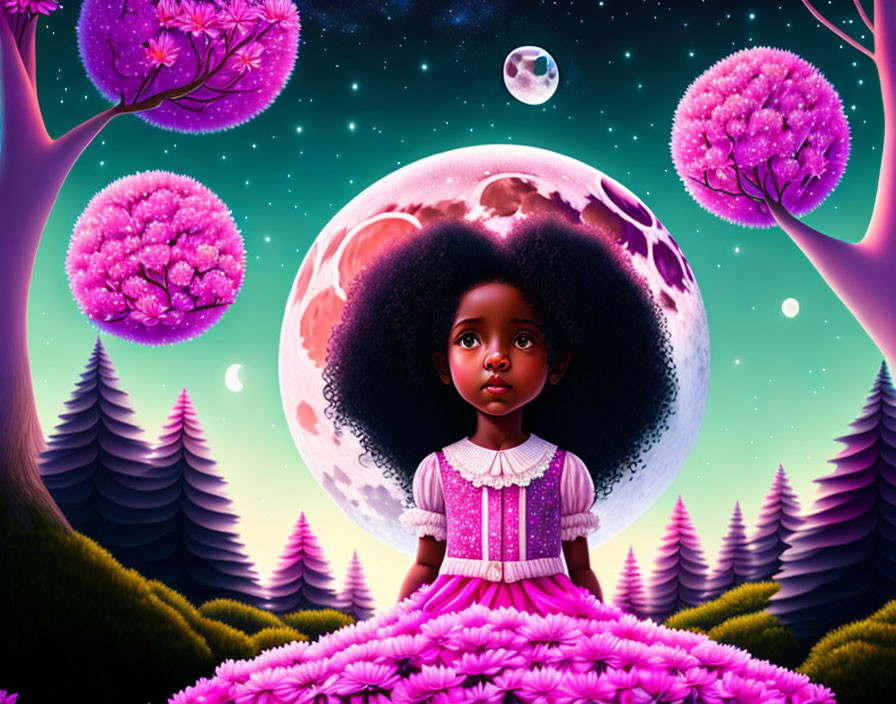 Young girl with afro hair in fantasy landscape with pink trees, moon, stars