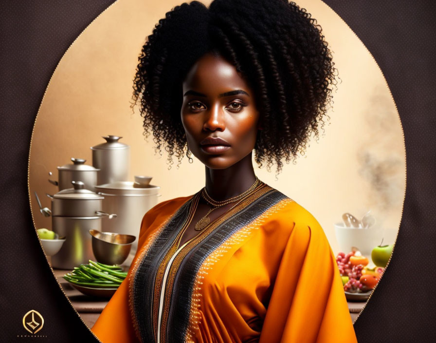 Woman with Full Afro Hairstyle in Orange Garment Surrounded by Cookware and Fresh Produce