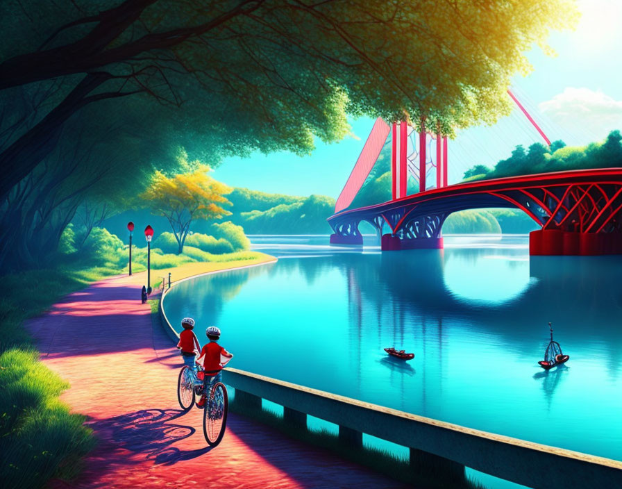 Cyclists on riverside path with red bridge, trees, and boats.