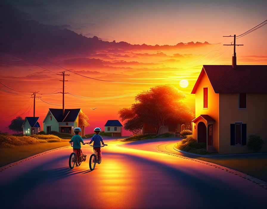 Cyclists on winding road at sunset with colorful houses and vibrant sky