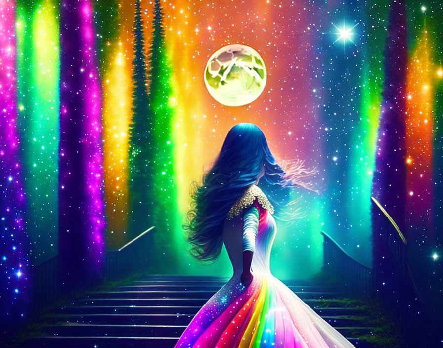 Woman in flowing gown climbs stairs to vibrant aurora and glowing orb