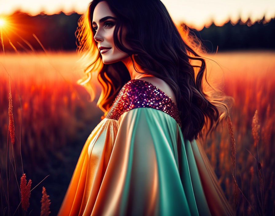 Woman in sequined top and flowing dress standing in field at sunset