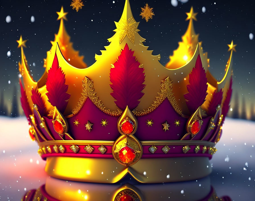 Golden Crown with Red Gems and Feathers on Wintry Night Sky