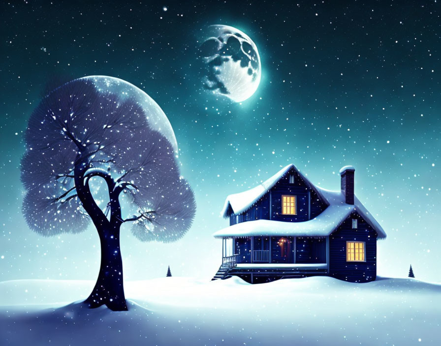 Snow-covered tree beside cozy cottage under starry sky - serene winter night scene