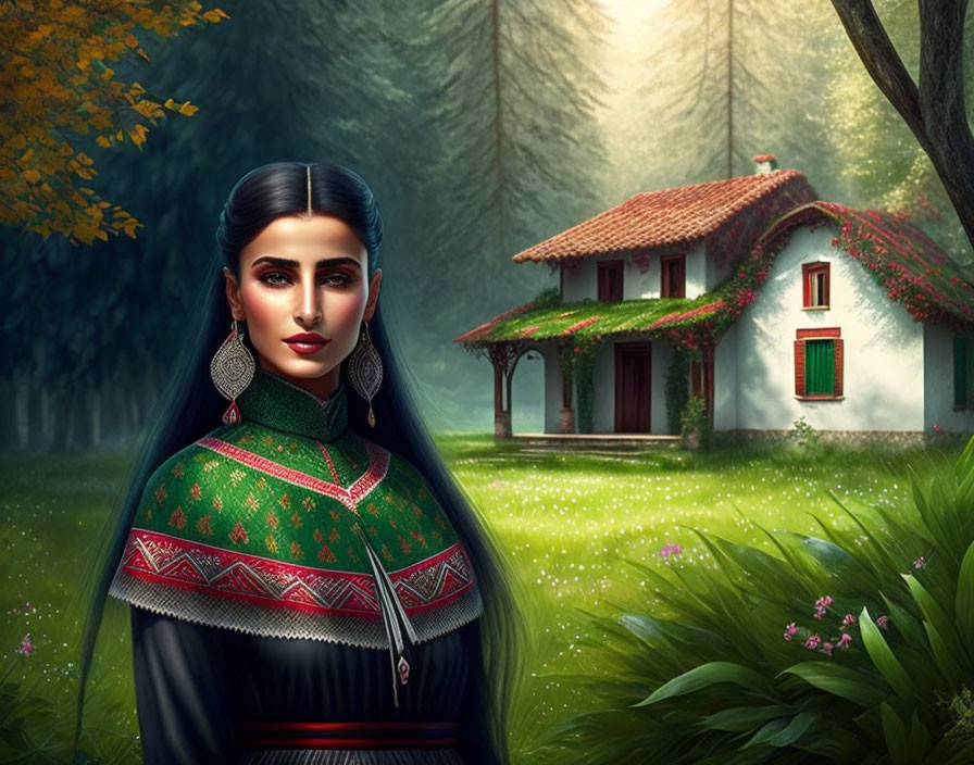 Illustrated woman in traditional attire near forest house.