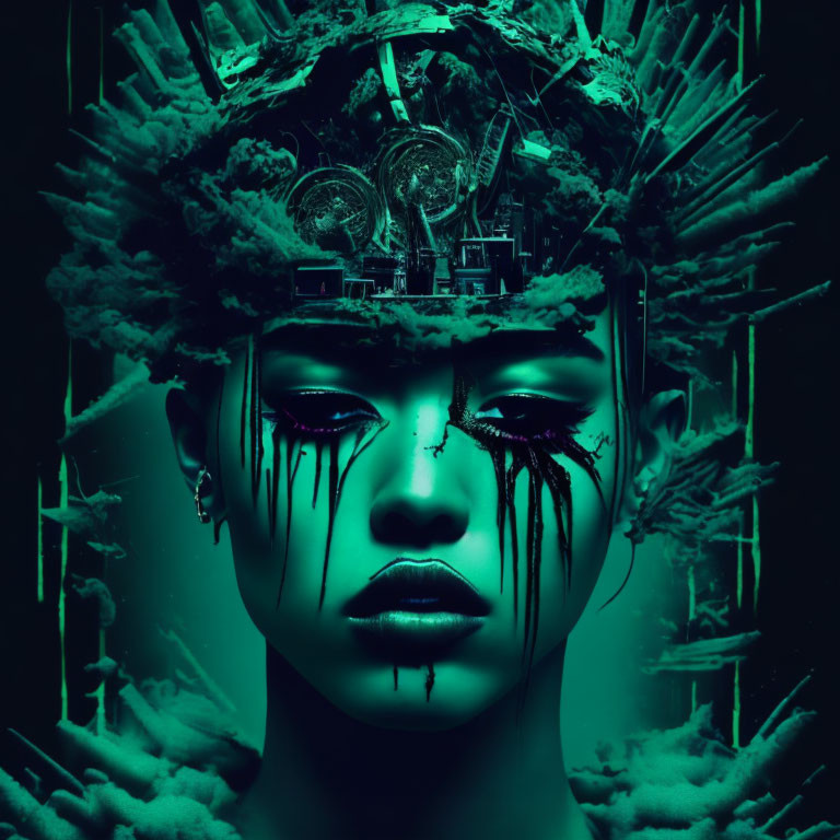 Surreal portrait with turquoise hue: person with black tears, mechanical brain, and abstract crown.