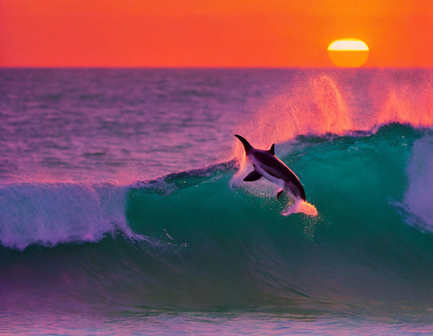 Dolphin leaping from turquoise wave at vibrant sunset