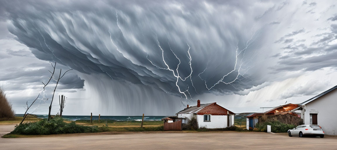 Dramatic shelf cloud over rural scene with lightning and rain