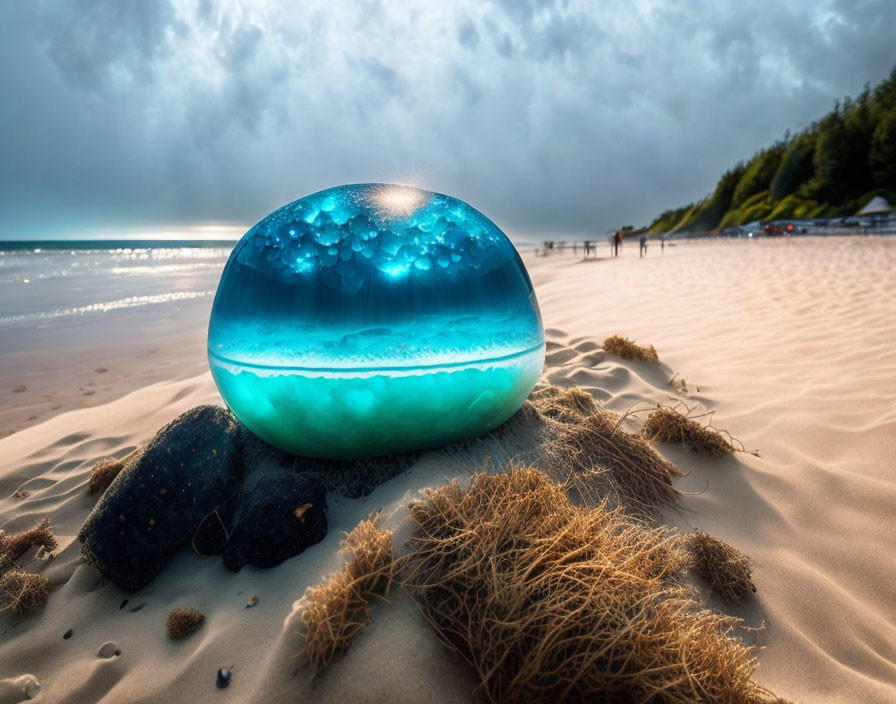 Glass sphere on sandy beach reflecting seascape and sky with sun breaking through clouds