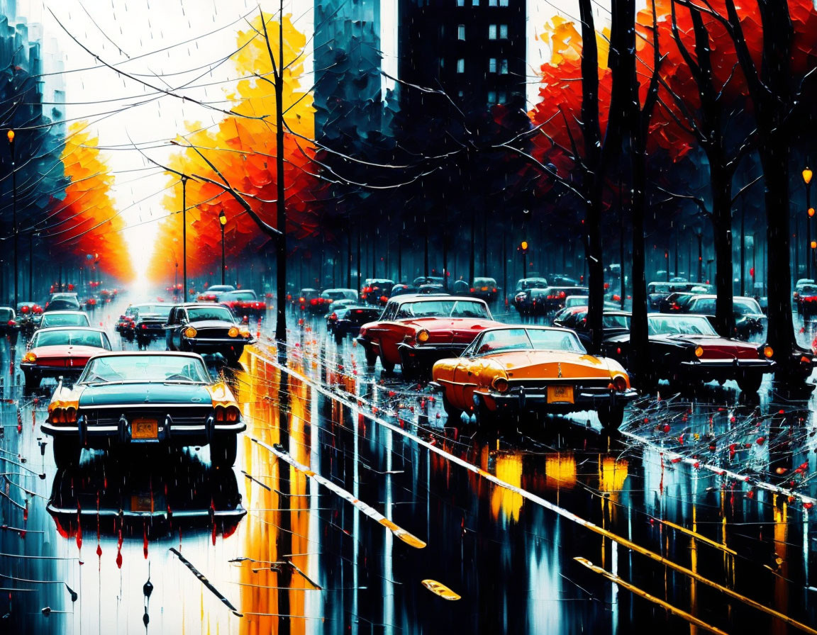 Rain-soaked street with cars, autumn trees, and overcast sky.