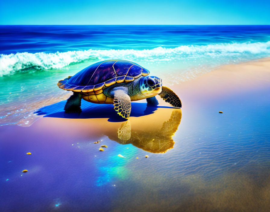 Sea Turtle on Sandy Beach with Ocean Background