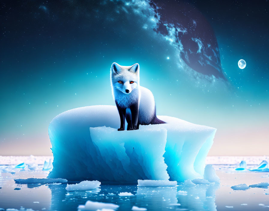 White fox on iceberg under night sky with moon and planet in glacial landscape