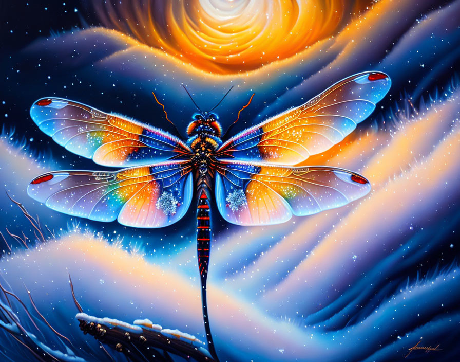 Colorful Dragonfly in Cosmic Fantasy Scene