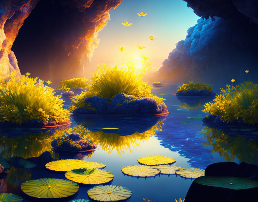 Tranquil fantasy cave with blue pond, yellow flora, lily pads, butterflies