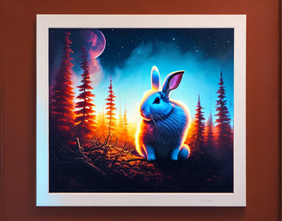 Colorful surreal art: Blue rabbit in mystical forest with large moon