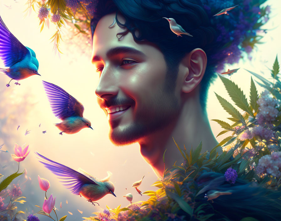 Colorful Birds and Lush Flora Surround Serene Man