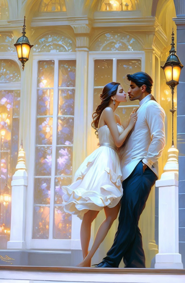 Romantic couple kissing at dusk with glowing street lamps and luminous window